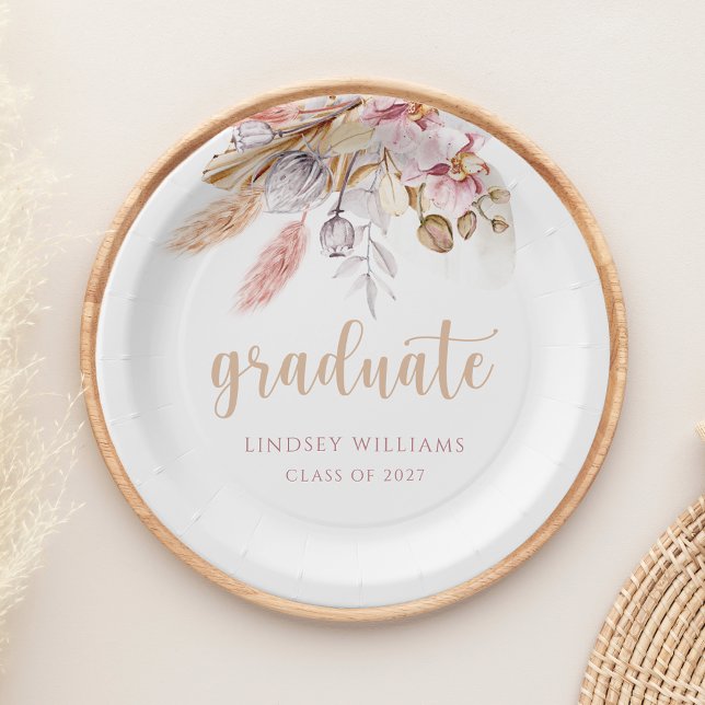 Dusty Pink Boho Floral Pampas Grass Graduation Paper Plates (Creator Uploaded)