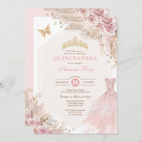 Dusty Pink Boho Floral Quinceaera 15th Birthday Invitation