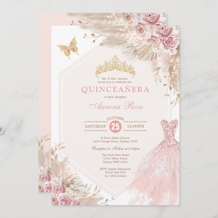 Dusty Pink Boho Floral Quinceañera 15th Birthday Invitation | Zazzle