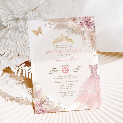 Dusty Pink Boho Floral Quinceaera 15th Birthday Invitation