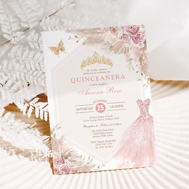 Dusty Pink Boho Floral Quinceañera 15th Birthday Invitation (Creator Uploaded)
