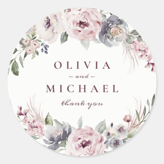 Dusty pink boho floral rustic wedding classic round sticker (Front)