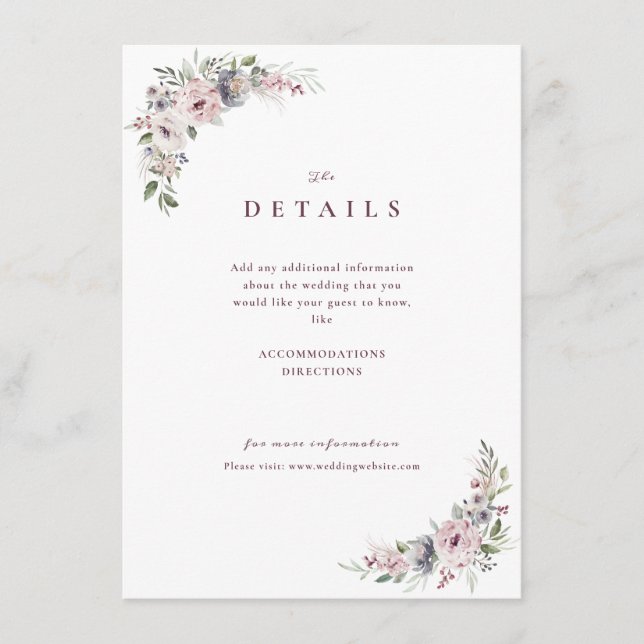 Dusty pink boho floral rustic wedding details enclosure card (Front)