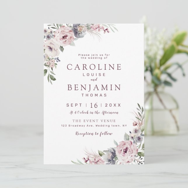 Dusty pink boho floral rustic wedding invitation (Standing Front)