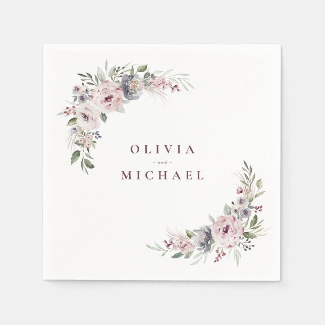 Dusty pink boho floral rustic wedding napkins (Front)