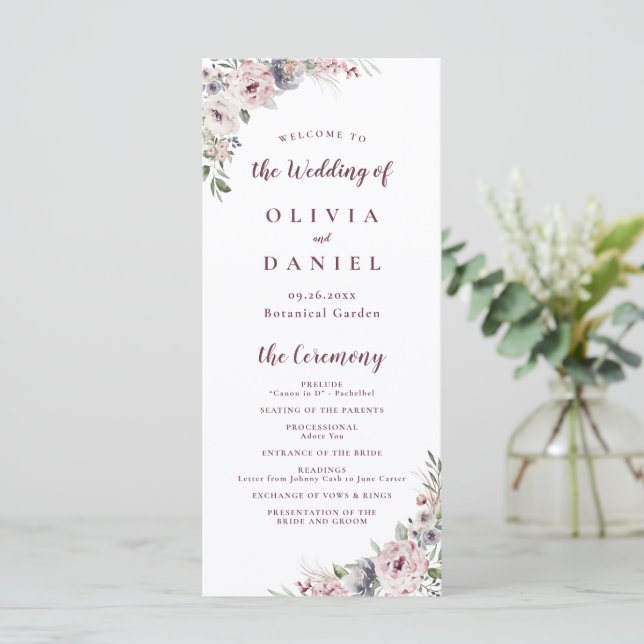 Dusty pink boho floral rustic wedding program (Standing Front)