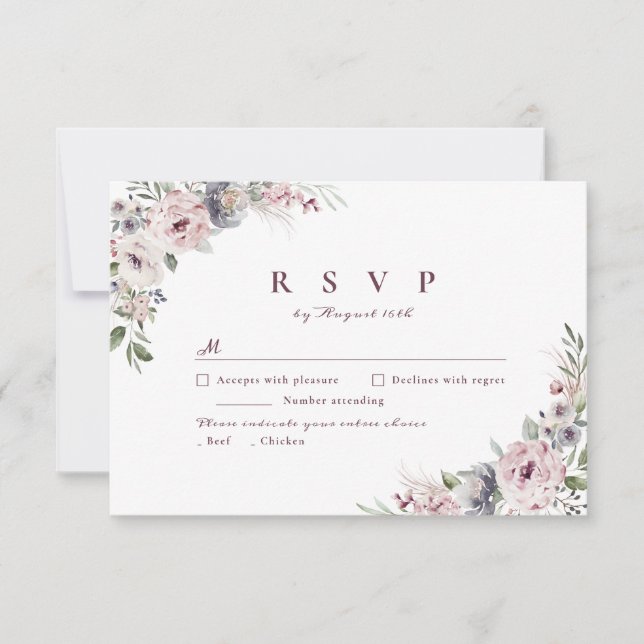 Dusty pink boho floral rustic wedding RSVP card (Front)