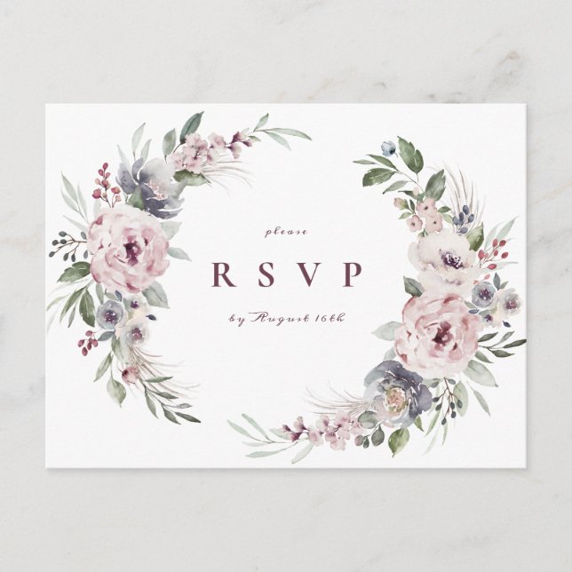 Dusty pink boho floral rustic wedding RSVP Invitation Postcard (Front)