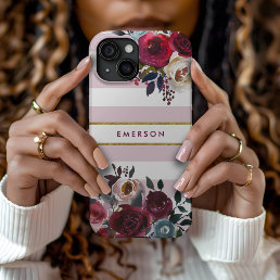 Dusty Pink Boho Floral Stripe Monogram iPhone 15 Case