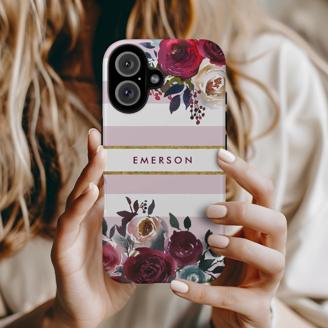 Dusty Pink Boho Floral Stripe Monogram Case-Mate iPhone Case (Creator Uploaded)