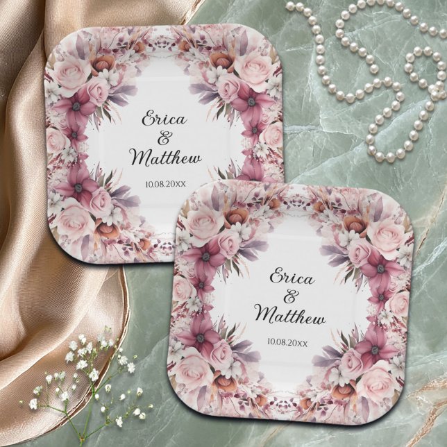Dusty Pink Boho Floral Wedding  Paper Plates (Creator Uploaded)