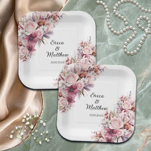 Dusty Pink Boho Floral Wedding Paper Plates