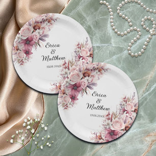 Dusty Pink Boho Floral Wedding Paper Plates