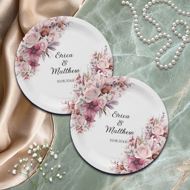 Dusty Pink Boho Floral Wedding  Paper Plates (Creator Uploaded)