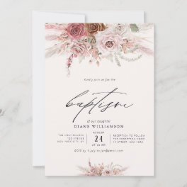 dusty pink boho flowers pink theme girl baptism invitation