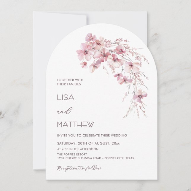 Dusty Pink Boho Flowers White Casual Wedding Invitation (Front)