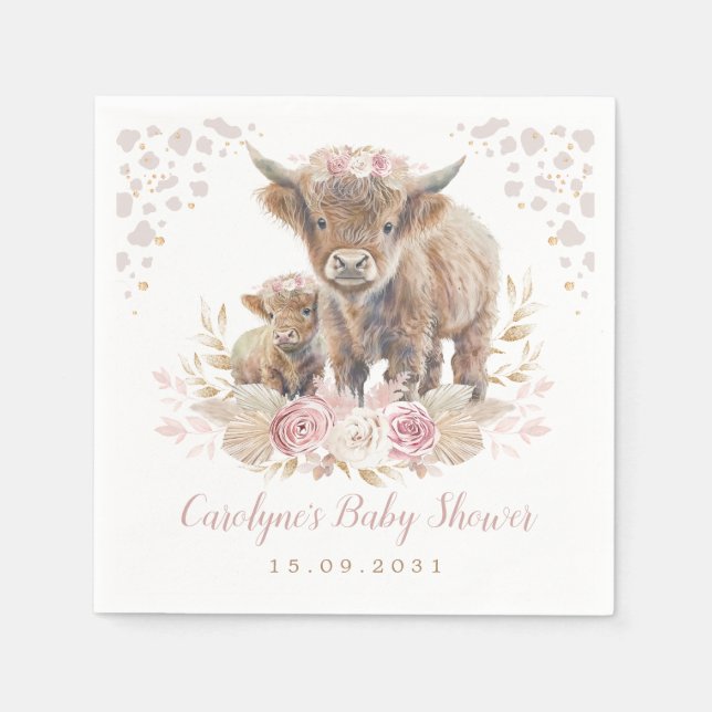 Dusty Pink Boho Highland Cow Girl Baby Shower Napkins (Front)