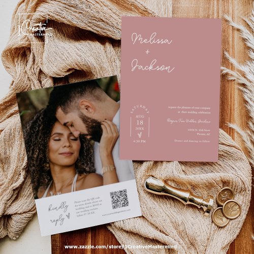 Dusty Pink Boho Minimal Wedding Photo QR Code RSVP Invitation