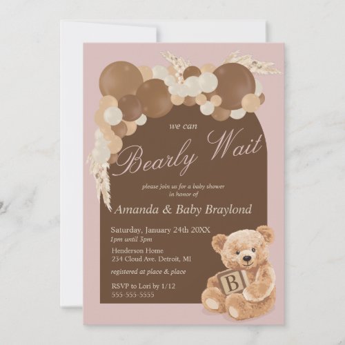 Dusty Pink Boho Teddy Bear Baby Shower Invitation