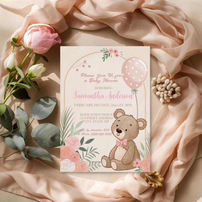 Dusty Pink Boho Teddy Bear Balloon Baby  Foil Invitation (Creator Uploaded)