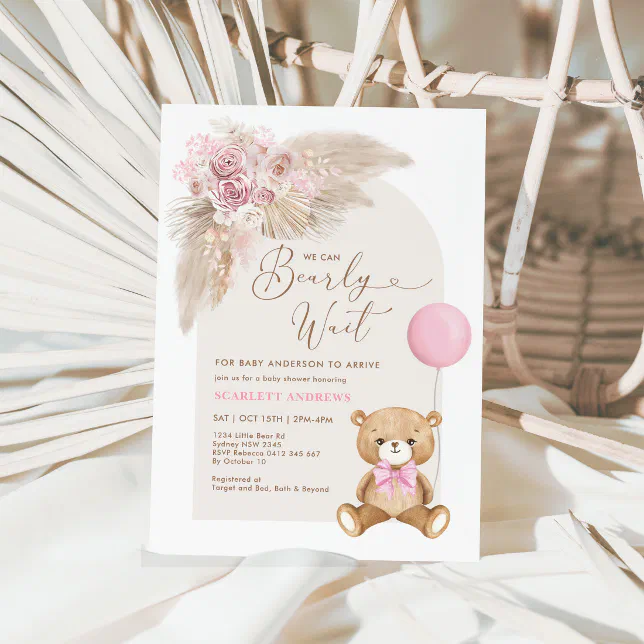 Dusty Pink Boho Teddy Bear Balloon Baby Shower Invitation | Zazzle