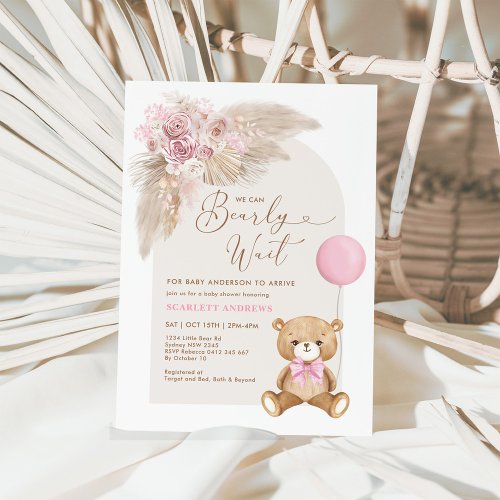 Dusty Pink Boho Teddy Bear Balloon Baby Shower Invitation