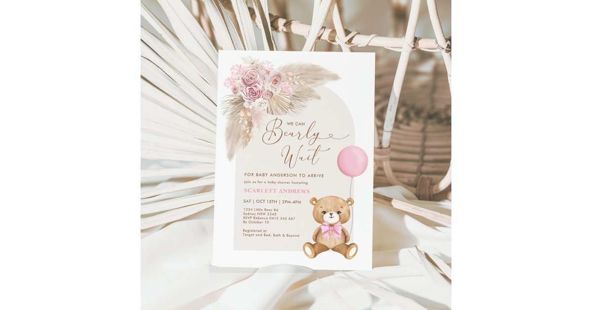 Dusty Pink Boho Teddy Bear Balloon Baby Shower Invitation | Zazzle