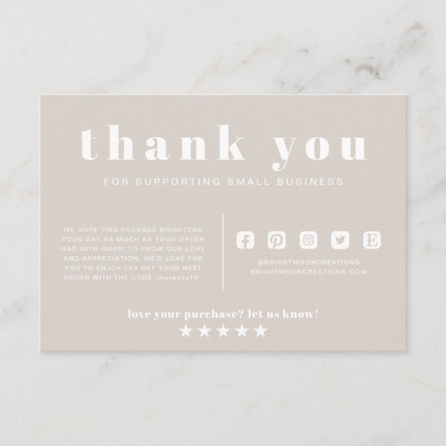 Dusty Pink Boho Thank You Order Small Business Enclosure Card (Front)