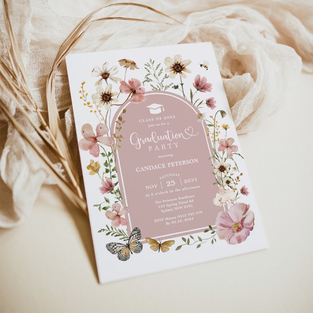 Dusty Pink Boho Wildflower Graduation Party Invitation (Creator Uploaded)