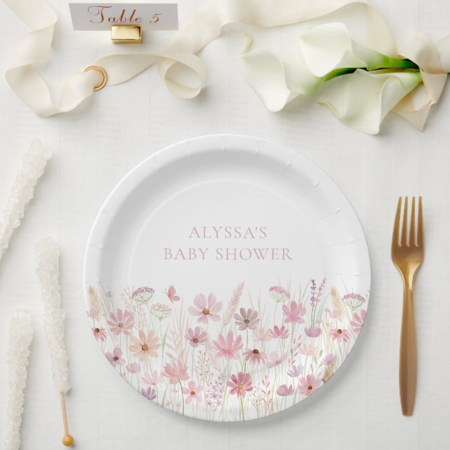 Dusty Pink Boho Wildflowers Baby Shower Paper Plates (Wedding)