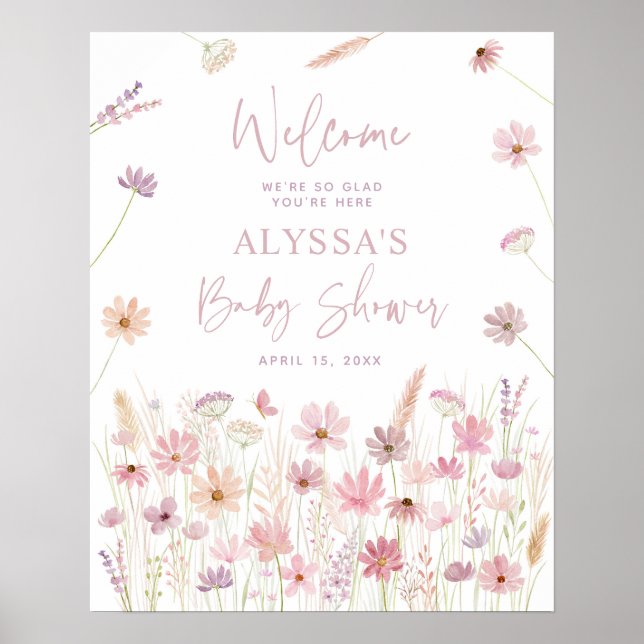 Dusty Pink Boho Wildflowers Baby Shower Welcome Poster (Front)