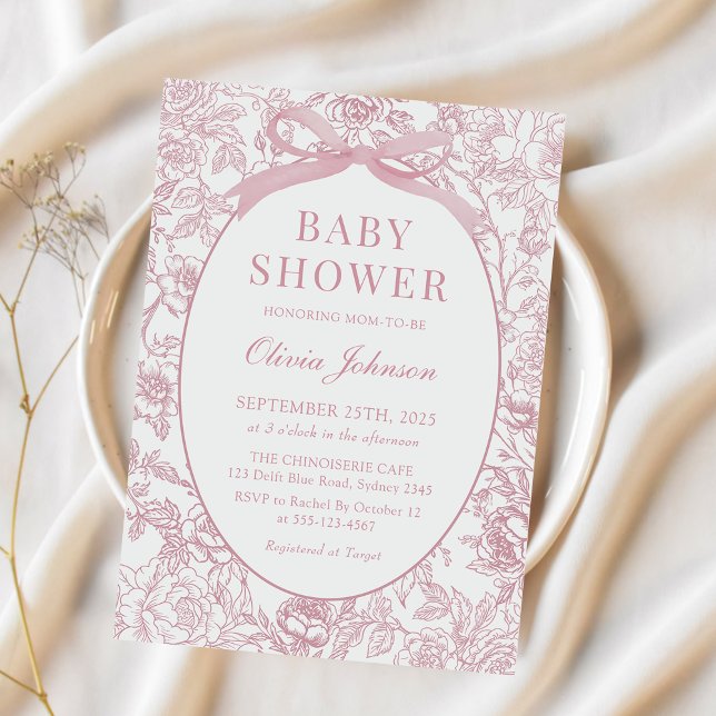 Dusty Pink Bow Chinoiserie Floral Baby Shower Invitation (Creator Uploaded)