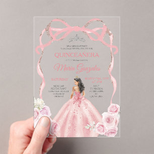 Dusty Pink Bow Princess Silver Crown Quinceañera Acrylic Invitations