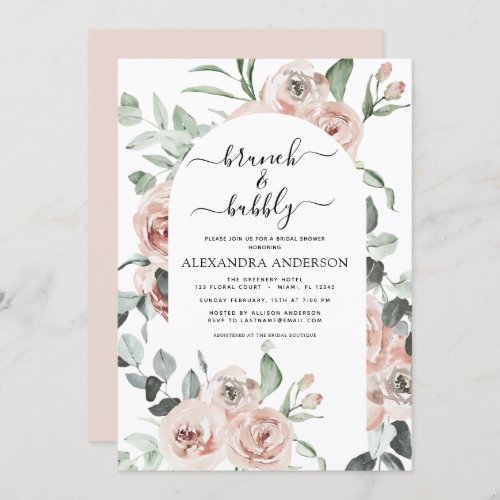 Dusty Pink Brunch  Bubbly Bridal Shower Greenery Invitation