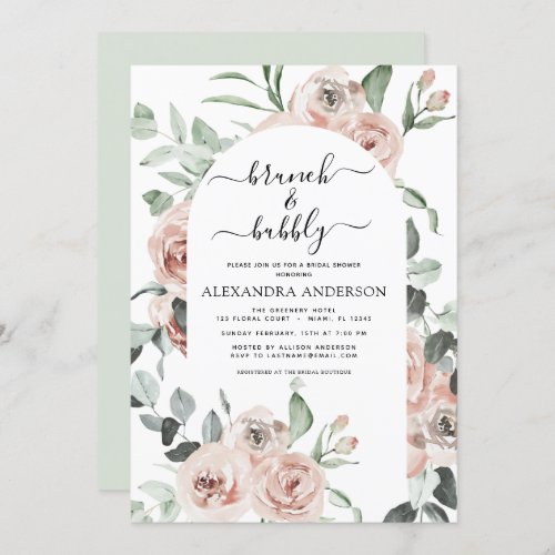 Dusty Pink Brunch  Bubbly Bridal Shower Greenery  Invitation