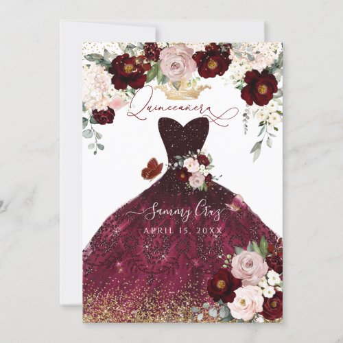 Dusty Pink Burgundy Blush Flowers Quinceanera Invitation