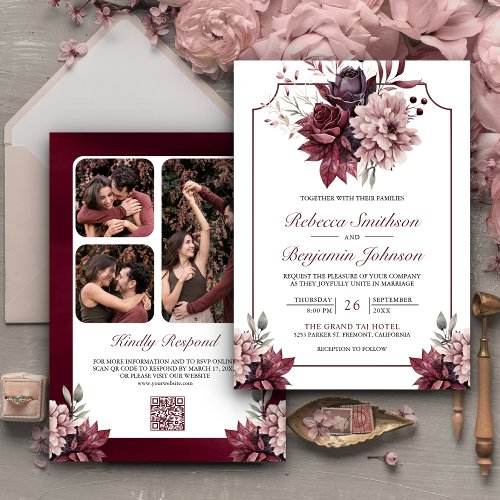 Dusty Pink Burgundy Floral Frame QR Code Wedding Invitation