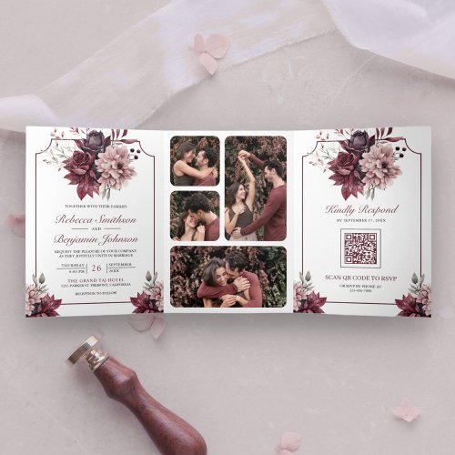 Dusty Pink Burgundy Floral Frame QR Code Wedding Tri_Fold Invitation