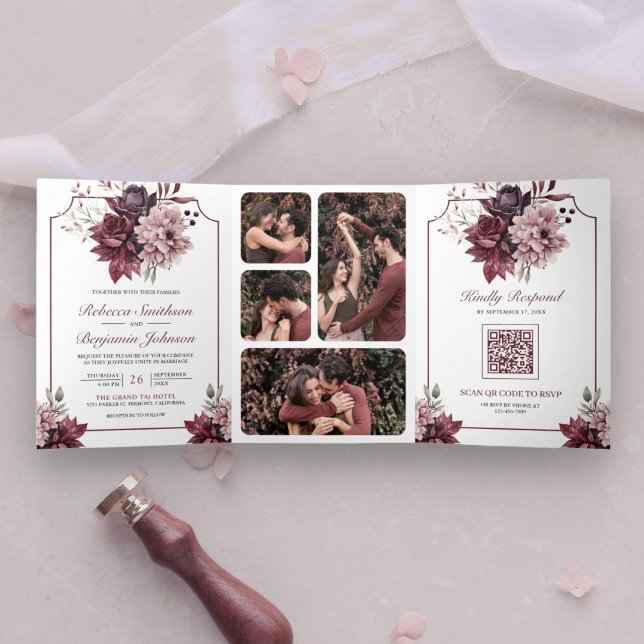 Dusty Pink Burgundy Floral Frame QR Code Wedding Tri-Fold Invitation (Creator Uploaded)