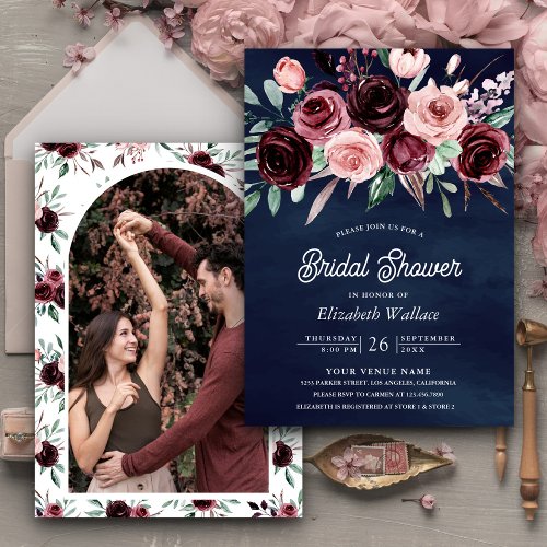 Dusty Pink Burgundy Floral Navy Blue Bridal Shower Invitation