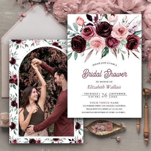 Dusty Pink Burgundy Floral Photo Bridal Shower Invitation