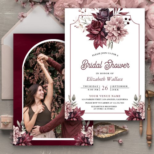 Dusty Pink Burgundy Floral Photo Bridal Shower Invitation