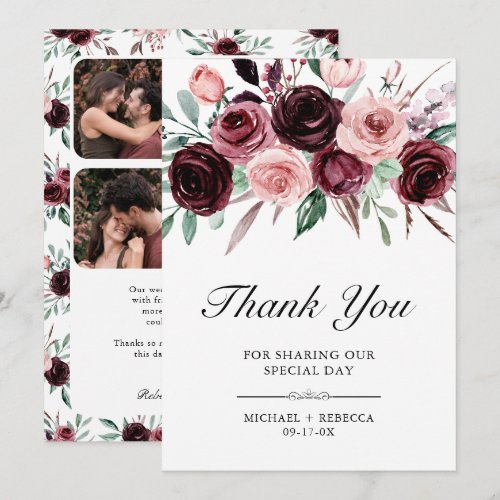 Dusty Pink Burgundy Floral Photo Wedding Thank You Card
