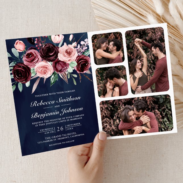 Dusty Pink Burgundy Floral QR Code Navy Wedding Invitation (Creator Uploaded)