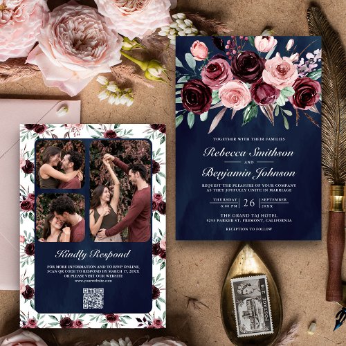 Dusty Pink Burgundy Floral QR Code Navy Wedding Invitation