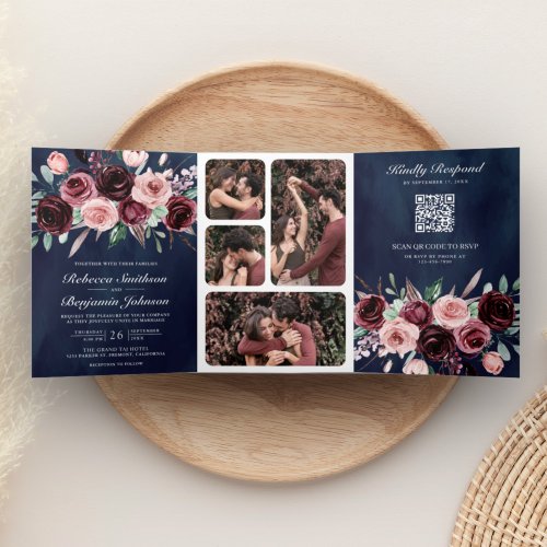 Dusty Pink Burgundy Floral QR Code Navy Wedding Tri_Fold Invitation