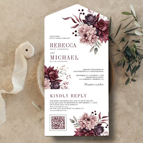 Dusty Pink Burgundy Floral QR Code Wedding All In One Invitation