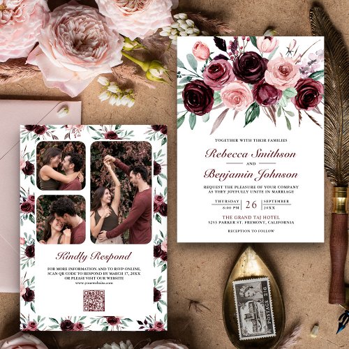 Dusty Pink Burgundy Floral QR Code Wedding Invitation