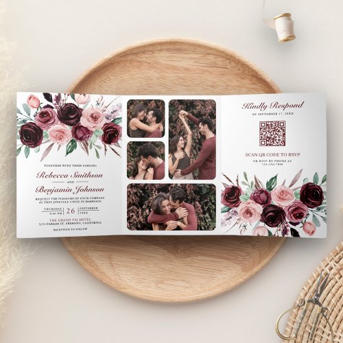 Dusty Pink Burgundy Floral QR Code Wedding Tri_Fold Invitation