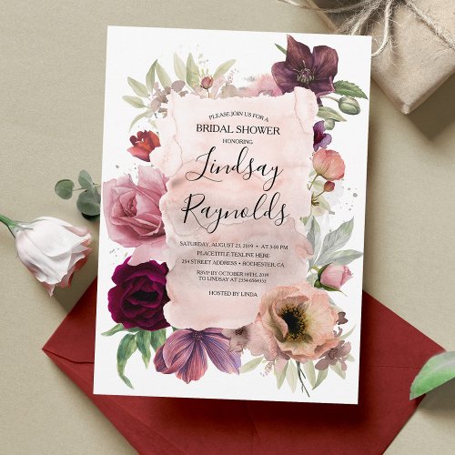 Dusty Pink Burgundy Floral Vintage Bridal Shower Invitation